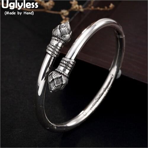 Uglyless 100% Real 990 Pure Silver Lotus Open Bangles for Women Thai Silver Handmade Bracelets Ethnic Fine Jewelry Floral Bangle