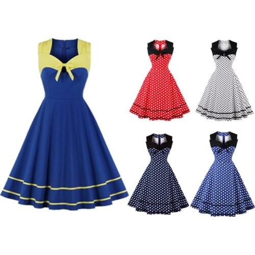 Retro Polka Dot Patchwork Women Midi Dress Hepburn Vintage 90s Rockabilly Vestidos A-line High Waist Swing Pinup Pleated Dresses