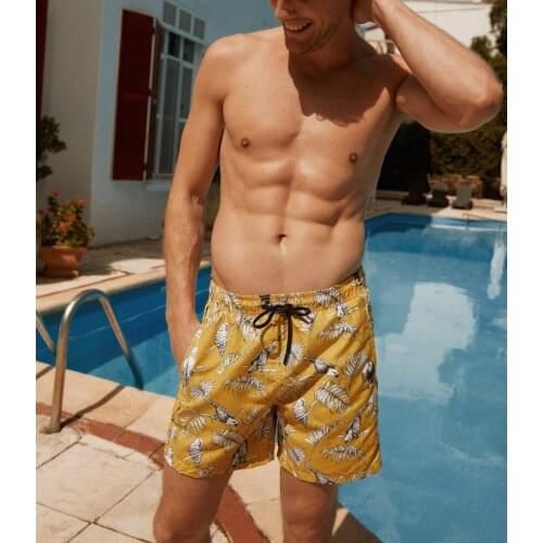 Yellow Mens Parrot Pattern Swim Shorts Surfing & Beach Shorts Swimwear Summer Beach Style