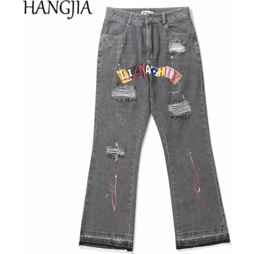 Distressed Splash Ink Flare Denim Jeans Streetwear Hip Hop Patchwork Mens Boot Cut Heavy Wash Ripped Skinny Denim Pant for Women