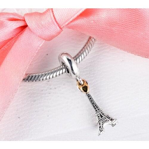14k Real Gold Beads 925 Sterling Silver Eiffel tower pendant Charm for Jewelry Making Fit Bracelet DIY free shipping 02W086BK
