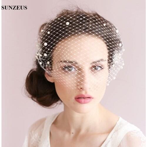 Big Hole Tulle Face Veil Pearls Bridal Hats Hand-made Side Comb Wedding Accessory SQ0186