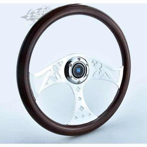 15Inch Universal 380mm Real Wood Steering Wheel Chrome Silver Spoke Racing Car Steering Wheel