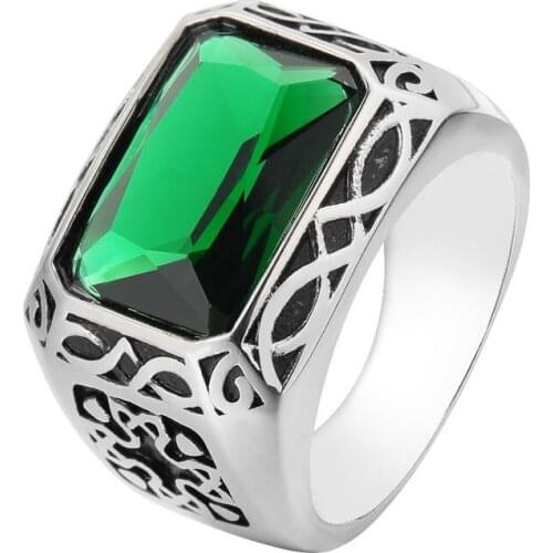 Vintage Mens Stainless Steel Ring Green Crystal Band Rings Fashion Punk Male Jewelry US Size 7-12
