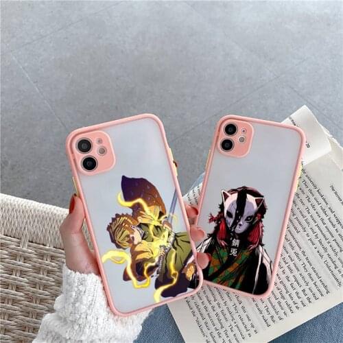 Japan Demon Slayer Phone Case For iPhone 12 11 Mini Pro XR XS Max 7 8 Plus X Matte transparent Pink Cover