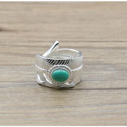 Handmade Sterling Silver Jewelry Thai Silver Feather Turquoise Silver Ring Tide mens Accessories Ring
