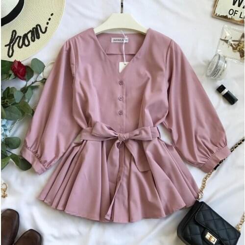 Womens autumn winter long sleeve v neck shirt female high waist single-breasted belt Shirt Blouse TB403