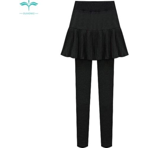 OUMOWEI Womens Skirt Pants Winter Plus Velvet Leggings Women Wear Thick Pleated Skirt Pants High Waist Stretch Slim Feet Pants