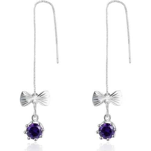 Purple Cubic Zircon Earrings For Lady 925 Sterling Silver Bow Tie Drop Pendant Jewelry Long Chain Earrings For Women Gifts