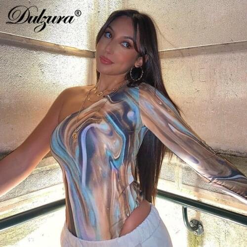 Dulzura Tie Dye Print Women Long Sleeve Bodysuit One Shoulder Bodycon Sexy Streetwear Casual 2021 Summer Clothes Body Rompers