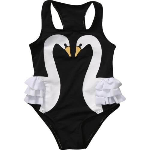 2-7T Summer Children Kids Swimwear Girls 3D Swan Print One Pieces Swimsuit Flower Halter Beach Pool Swimwear Bathing Suit