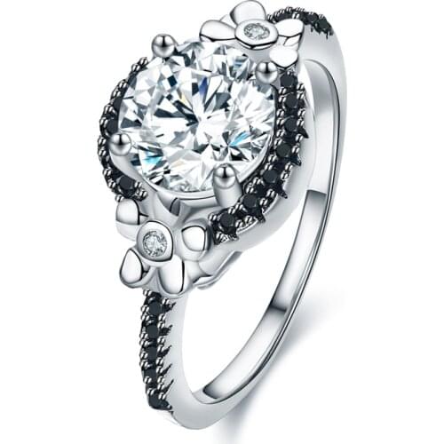 2020 New Flower 925 Sterling Silver Jewelry Black Spinel Wedding Rings for Women Engagement Ring Round Femme Bague C006