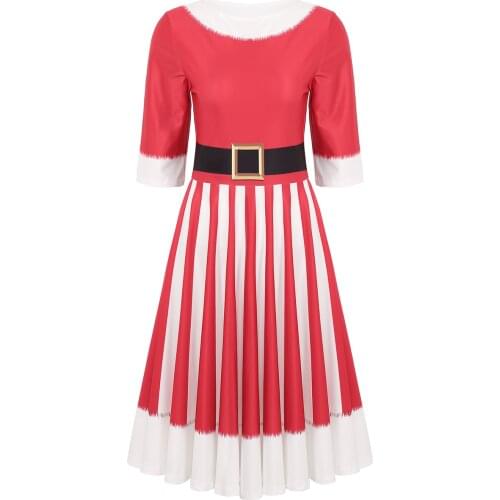 Women Christmas Costume Round Neck Half Sleeves Xmas Theme Party Dress 3D Printed Striped Pattern Casual Flared Midi Dresses