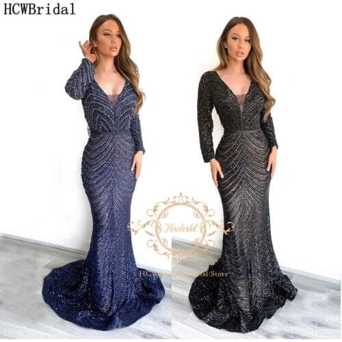 Elegant Mermaid Long Sleeve Black Evening Dress Sparkly Sequin V Neck Women Formal Dresses Plus Size Wedding Party Prom Gowns