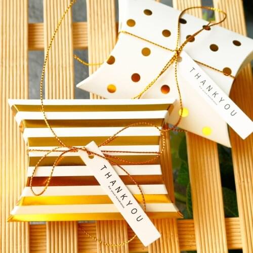 10pcs Golden Dots Stripe Pillow Shape Boxes Party Wedding Gift Box Birthday Kids Cookie Chocolate Candy Box Gift Packing Supply
