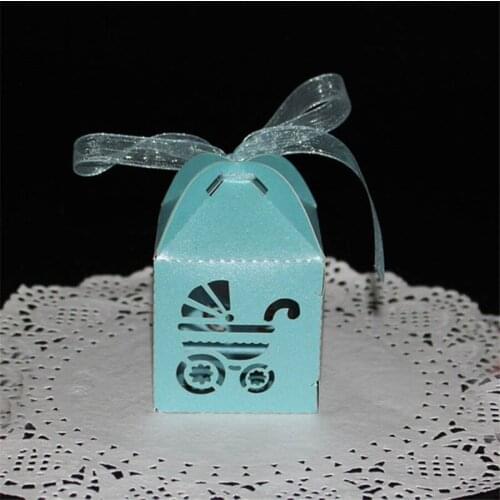 100pcs European Style Paper Candy Boxes Hollow Baby Stroller Candy Bag Baby Birthday Gift Pack White Blue Chocolate Package