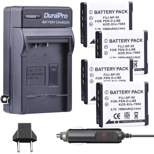 4pc 1500mAh NP-50 KLIC-7004 K7004 D-Li68 Camera Batteria + Wall/ Car Charger for Fujifilm FinePix F50FD F60FD F70EXR F75EXR