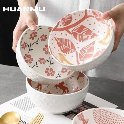 6Inches Salad Bowl Ceramic Japanese Embossed Printed Rice Noodle Soup Bowl Baking Tableware Kitchen Dinnerware Pasta Restaurant