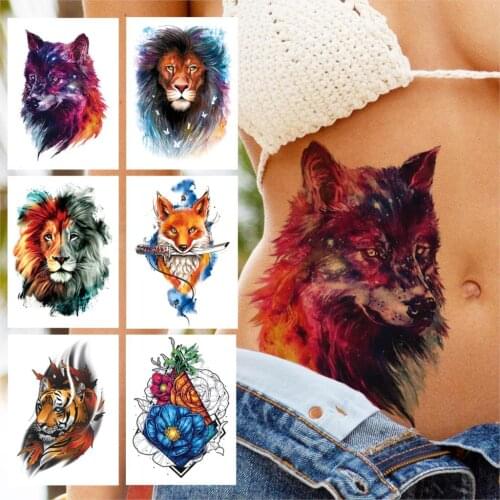 Watercolor Wolf Temporary Tattoo For Women Men Adult Kids Lion Tiger Fake Fox Tattoos Sticker Realistic Lace Flower Tatoos Waist