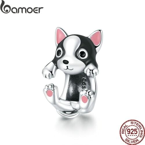 Bamoer 925 Sterling Silver Cute Puppy Charm for Original 3mm Bracelet Accessories Original silver beads jewelry make BSC388