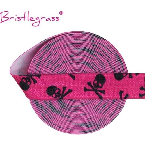 BRISTLEGRASS 2 5 Yard 5/8" 15mm Black Skull Print FOE Fold Over Elastics Spandex Satin Bands Hair Tie Headband Dress Sewing Trim