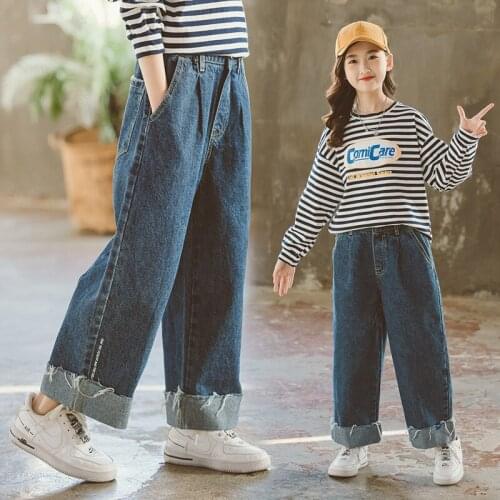 Girl Teenage Loose Jeans New Arrival Kids Classic Jeans High Waist Solid Childrens Clothing Spring Denim Pants 4 7 8 9 11 14Y