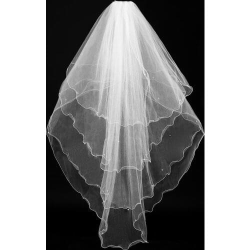 2019 In Stock Cheap Velos De Noiva Women Pearl Beaded Bridal Veils Wedding Dress Veil 4 Layers Tulle Edge Wedding Accessories