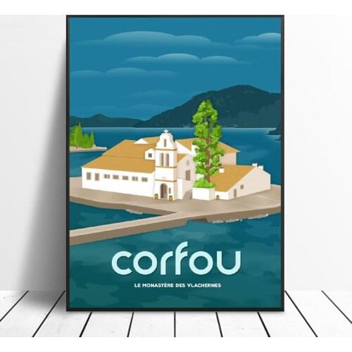 Corfu Vlacherna Monastery Canvas Travel Poster Prints Home Wall Art Decor Painting