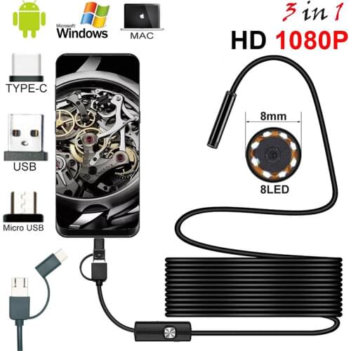 1080P HD USB Endoscope Camera With TYPE C USB Micro USB Snake Inspection Borescope Camera 8.0mm HD Lens 8 Leds For Android PC