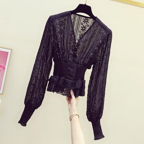 Lace Embroidery Hollow Women Blouse Spring New 2021 Solid V-Neck Slim Short Empired Office Lady Pulls Tops