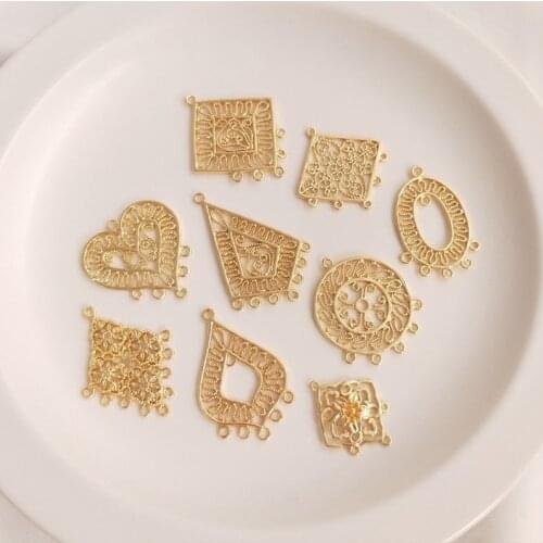 Copper 14K Gold Plated Hollow Lace Geometry Charms Connector 2pcs/lot For DIY Jewelry Necklace Making Accessories