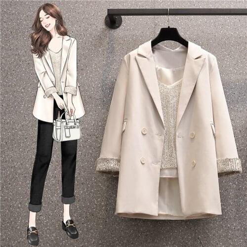 Fashion womens clothing in the spring of 2021 the new fat MM leisure suit coat two-piece sequins render small condole