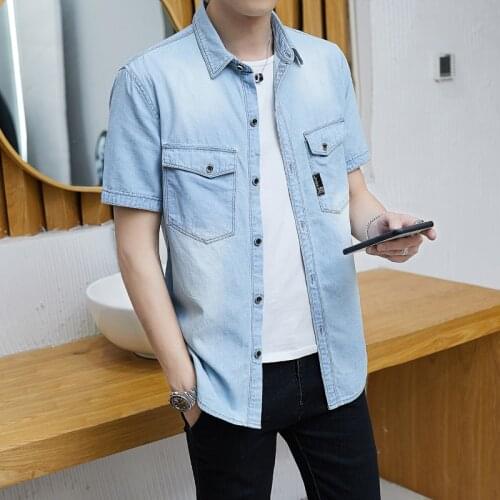 2020 Summer Fashion Blue Jeans Shirt Men Short Sleeve Cotton Solid Casual Shirts Male Denim Shirt Slim Fit