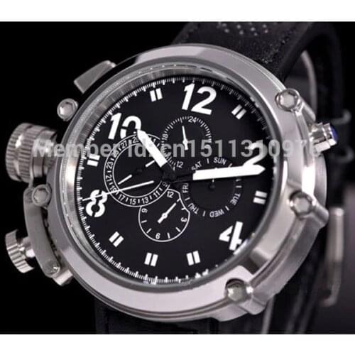 50mm parnis black dial solid ss week day date multifunction automatic mens watch P17