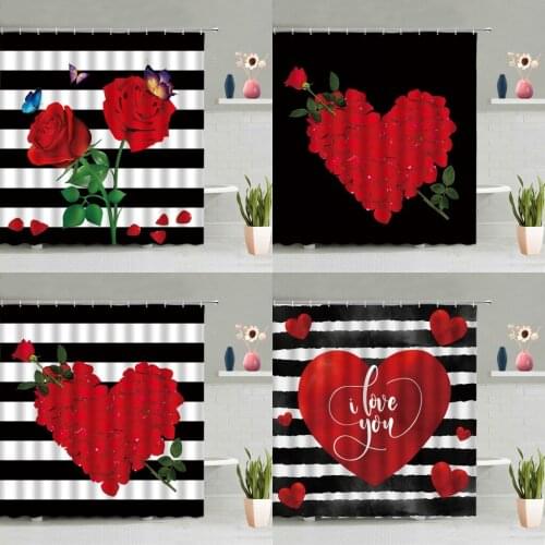 Color Flowers Shower Curtain Set Valentines Day Rose Green Leaves Plants Hlack White Background Bathtub Decor Screen Washable