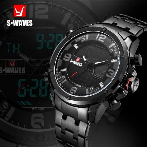SWAVES Dual Display Watch Men Waterproof Stainless Steel Casual Wristwatch Mens Military LCD Fashion Quartz Relogio Masculino