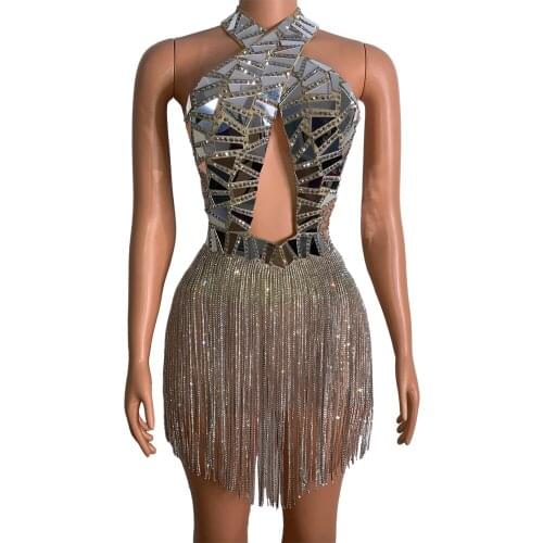 Women Mirror Dress Sexy Birthday Outfits Shining Crystal Chain Fringe Dress Backless Sexy Prom Dance Costume Party Wear VDB3064