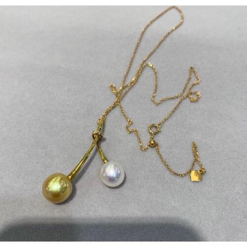 Genuine luxury jewelry natural gold pearl and akoya pearl pendant necklace 18K yellow gold fine women jewelry double pearls