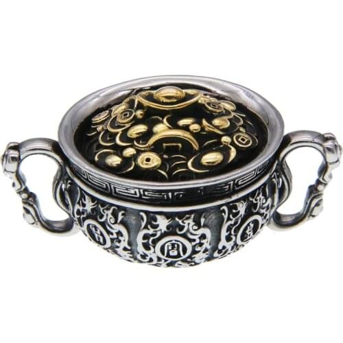 100% S925 Silver Wealth-Pot Pendant Real Sterling Good Luck Pendant Luck Dragon Symbols Pendant treasure bowl