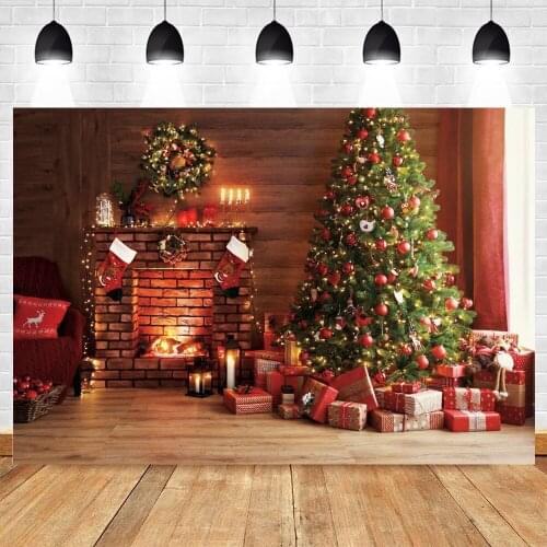 Christmas Backdrop Fireplace Tree Gifts Sock Wood Floor Baby Photography Background Vinyl Photophone Photocall Photo Studio Prop
