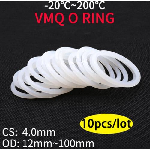 10pcs VMQ O Ring Seal Gasket Thickness CS 4mm OD 15 ~ 75mm Silicone Rubber Insulated Waterproof Washer Round Shape White Nontoxi