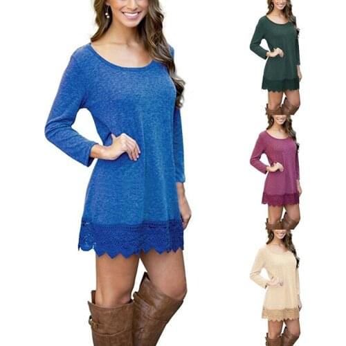 2020 Spring and Autumn New Boutique Womens Solid Color Nine-point Sleeve Fashion Casual Stitching Lace Round Neck A-line Dress