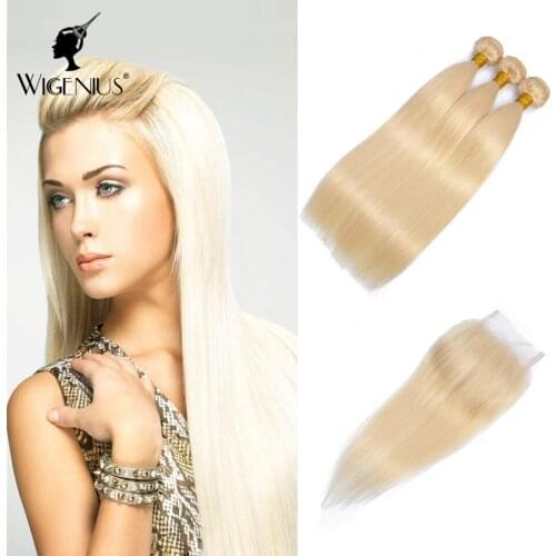 WIGENIUS Hair 613 Blonde Bundles With Closure Free Part Brazilian Hair Weave 3 Bundles With Closure Remy Hair Extension