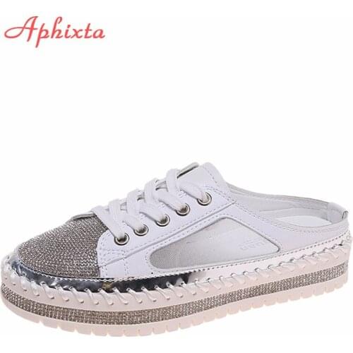 Aphixta 2021 New Flat Platform Breathable Air Mesh Half Slippers Women Summer Bling Crystals Lace-up Shoes Slides Plus Size 43