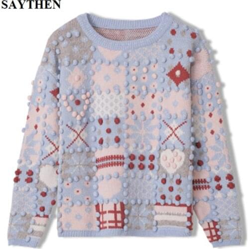 SAYTHEN Three-Dimensional Ball Sweater Womens 2020 Autumn And Winter New Haze Blue Retro Lazy Wind Pullover Sweater