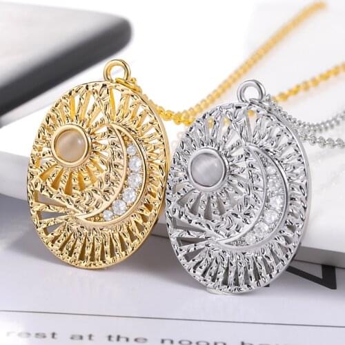 Vintage Classic Moon Sun Opal Stainless Steel Necklace Pendant For Women Gold Color Exquisite Charm Choker Jewelry Friend Gifts