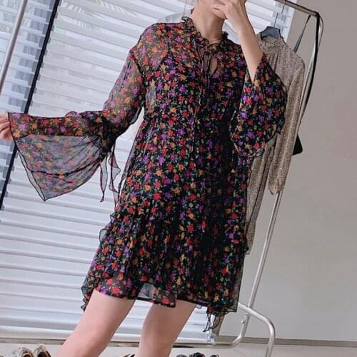 100% Silk 2021 Summer New Long-sleeved Fashion All-match Small Floral Print Dress Two-piece Suit