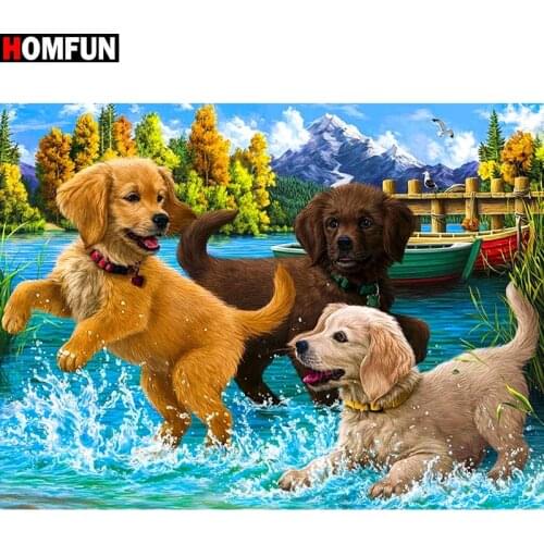 HOMFUN Full Square/Round Drill 5D DIY Diamond Painting "Animal Dog Lake" Diamond Embroidery Cross Stitch Home Decor Gift