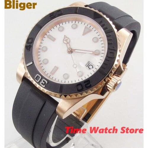 BLIGER 40mm Miyota 8215 gold Automatic mens watch deployant clasp sapphire glass waterproof white strile dial ceramic Bezel