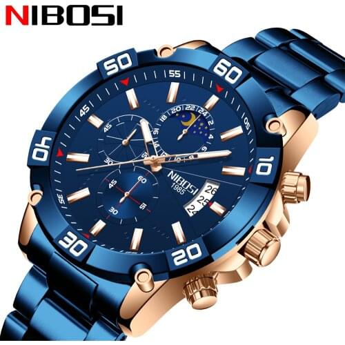 NIBOSI 2021 Relogio Masculino Fashion Blue Mens Watches Top Brand Luxury Clock Sports Chronograph Waterproof Quartz Watch Men